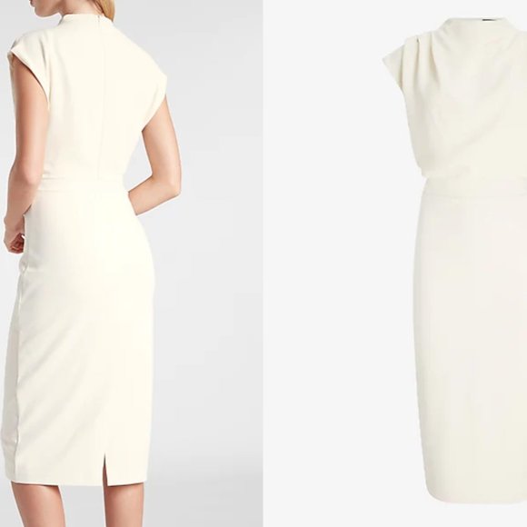 EXPRESS Ivory Draped Mock Neck Midi Sheath Dress - Picture 3 of 5